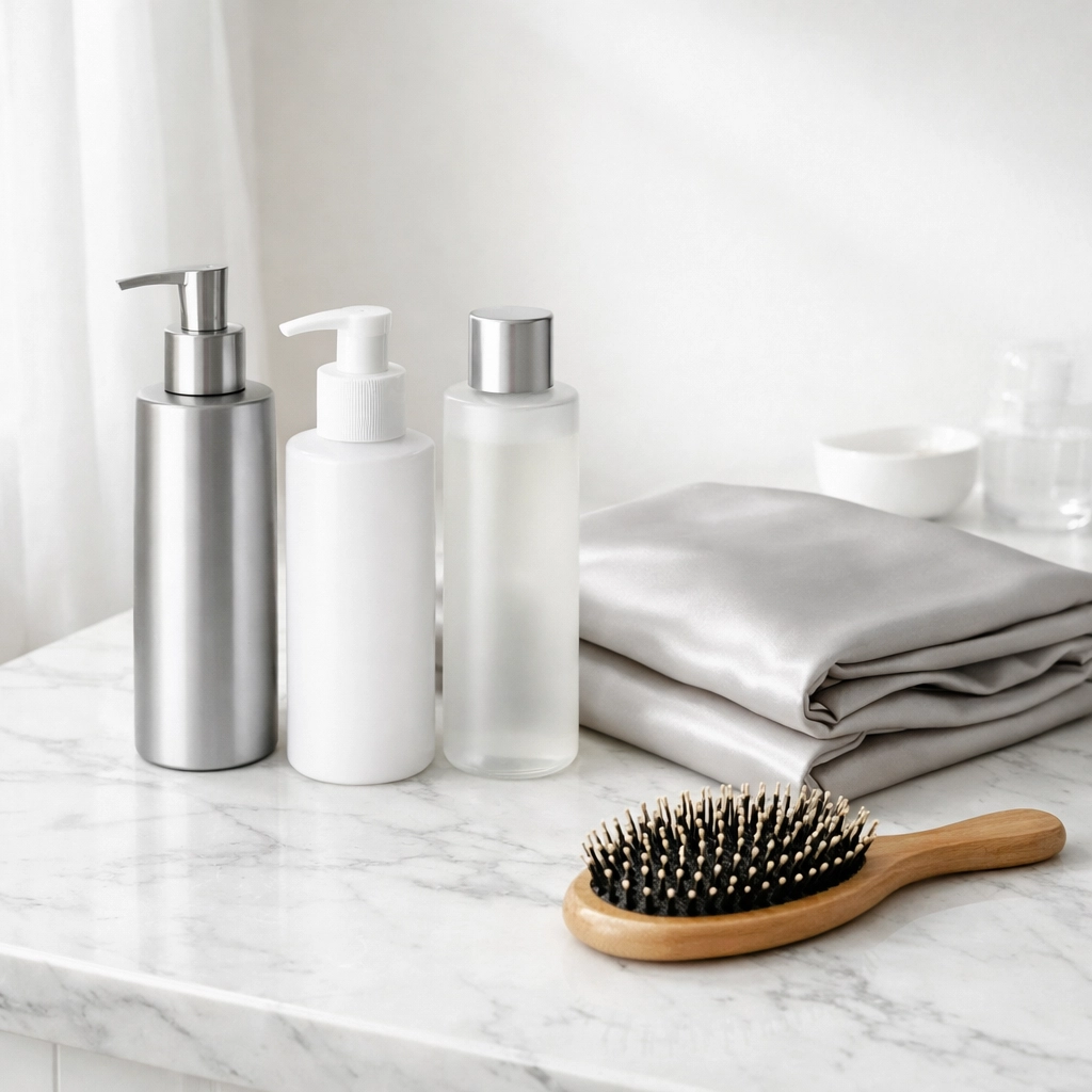 Essential salon hair care products and a silk pillowcase to protect hair between salon visits in Concord.