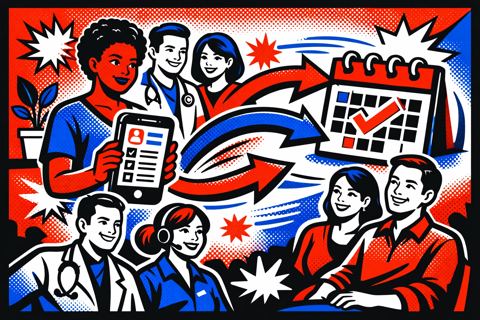 Retro comic-style patient onboarding and automated scheduling workflow in a wellness clinic.