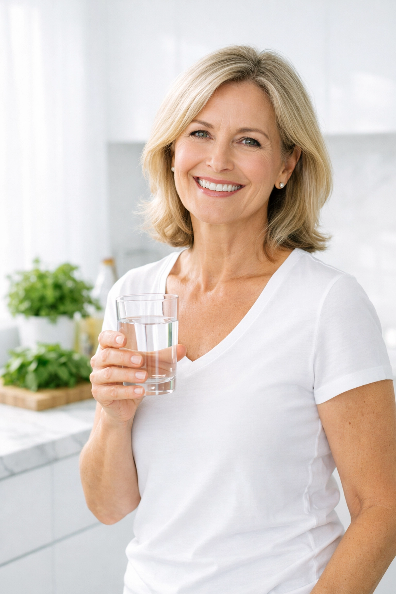 Healthy woman feeling vibrant in a modern kitchen, illustrating cellular vitality from an NMN 300mg supplement.