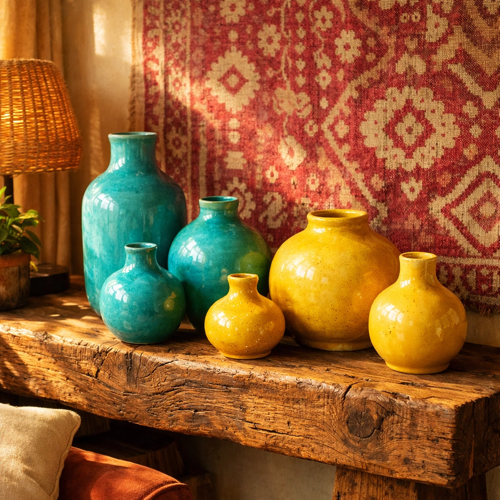 Handcrafted home decor featuring colorful artisan ceramic vases on a rustic wooden shelf.