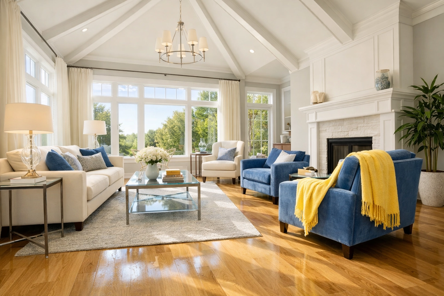 A luxury Milford living room with polished floors after expert post construction cleaning Milford MA.