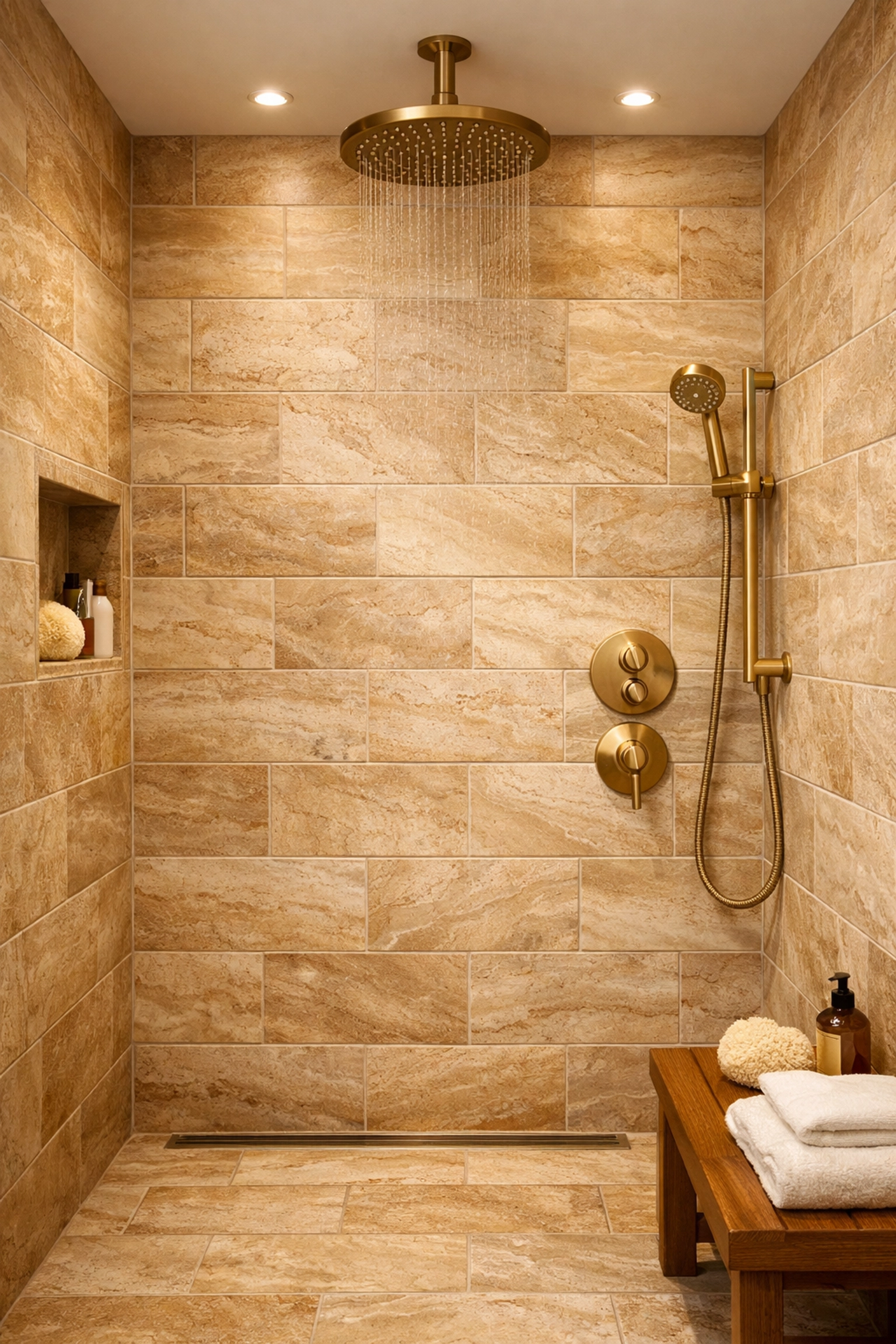 Honey-toned stone-look porcelain tiles with warm grout in Orlando walk-in shower installation