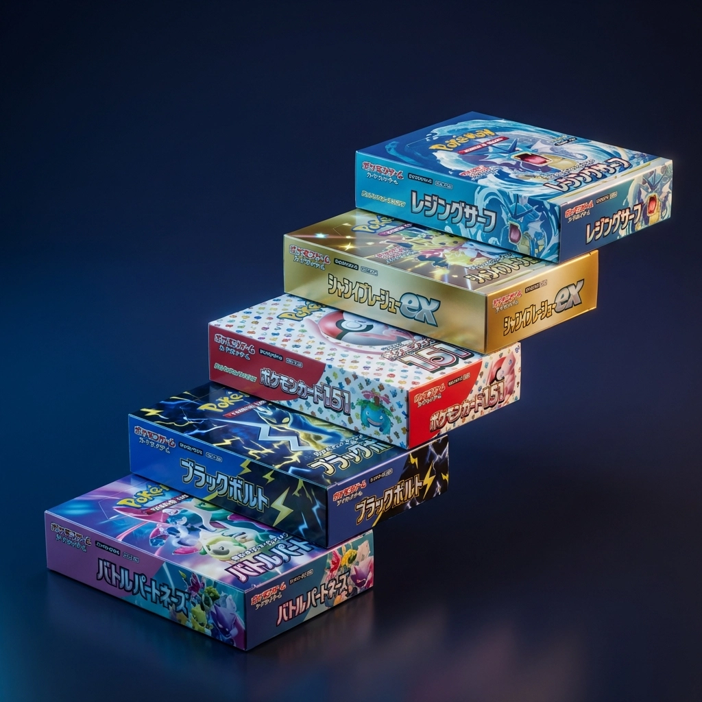Five Japanese Pokemon booster boxes including Battle Partners and Pokemon 151 displayed together