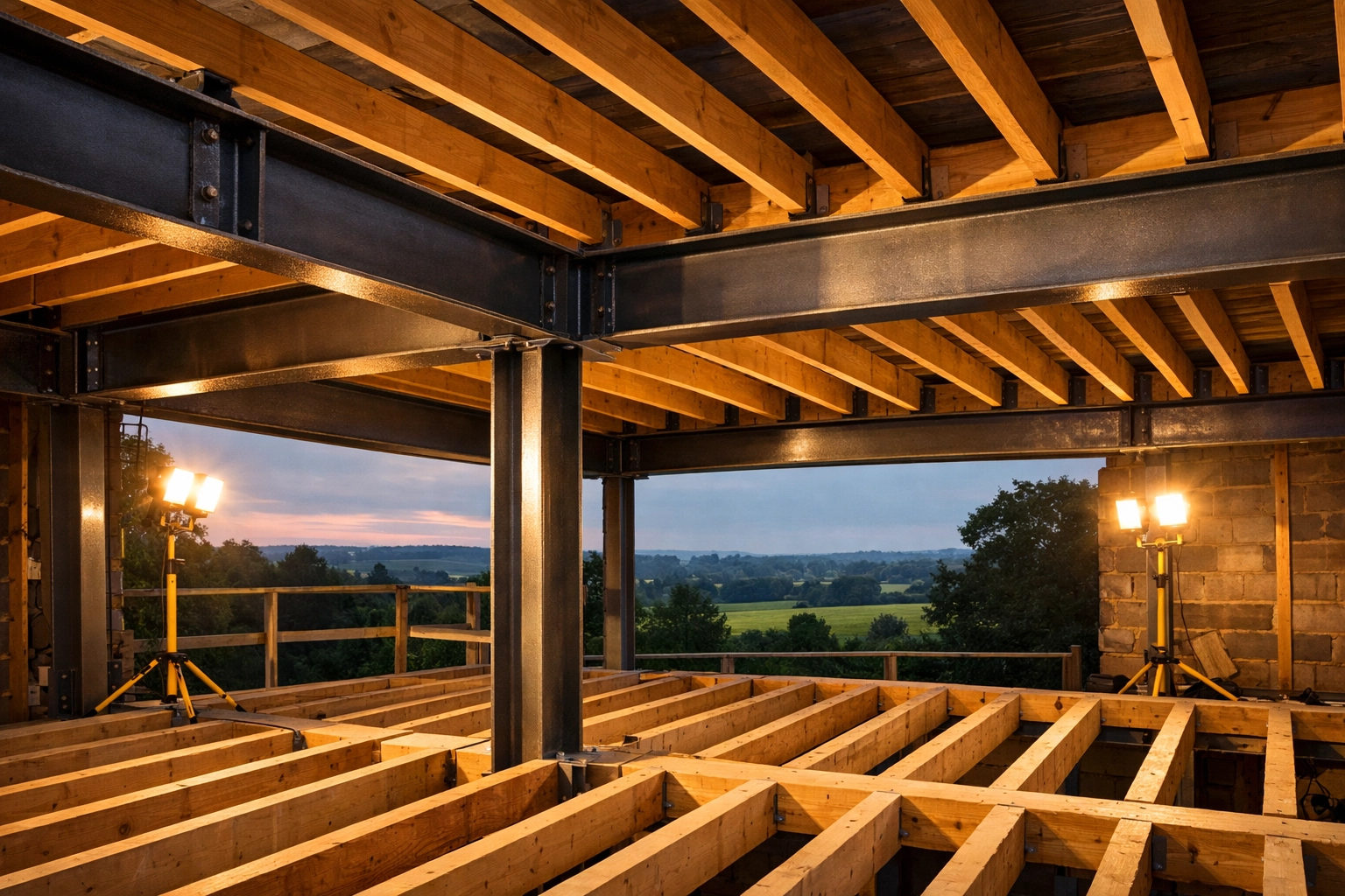 Expert structural engineering showing steel I-beams for a bungalow to two-storey house conversion.