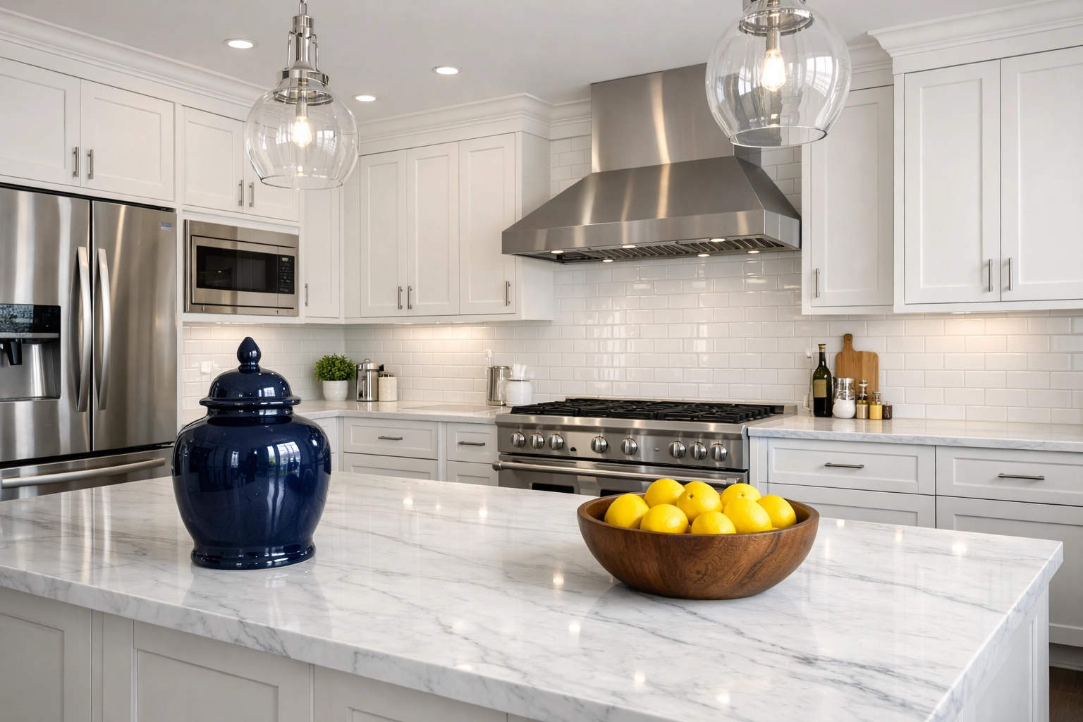 Luxury kitchen with white cabinets and marble countertops after a professional deep cleaning in Wellesley MA.