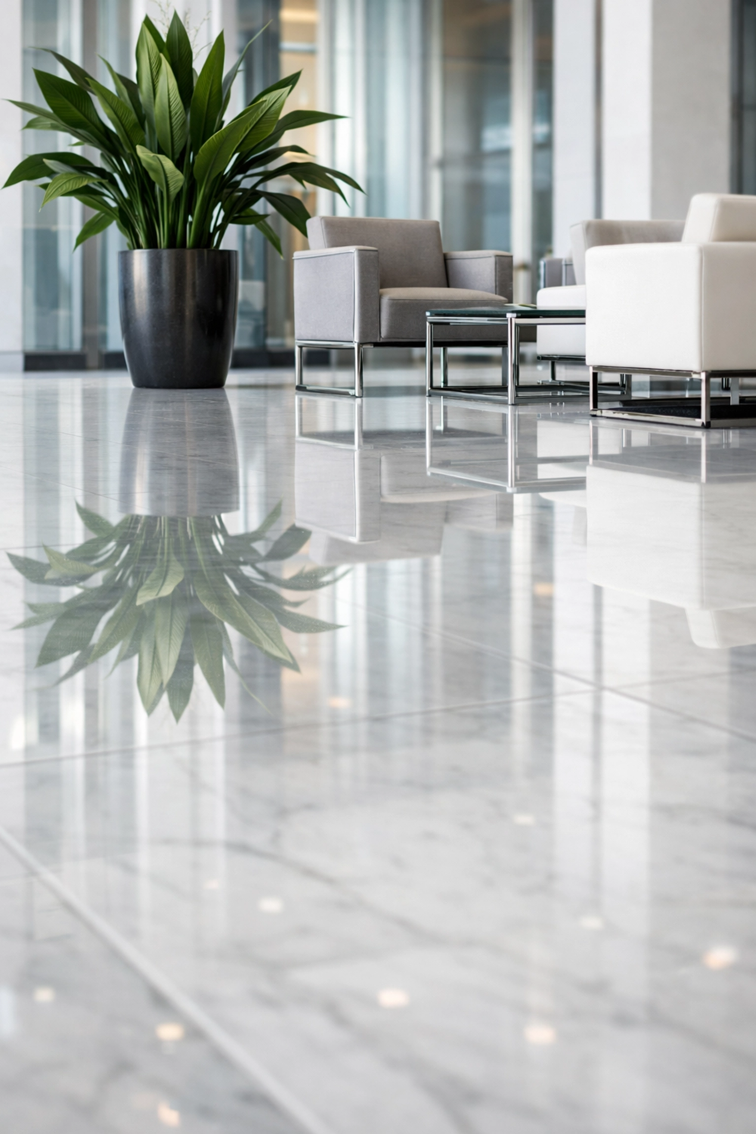 Spotless marble lobby floor in an Indianapolis office building reflecting high-quality B2B cleaning standards.