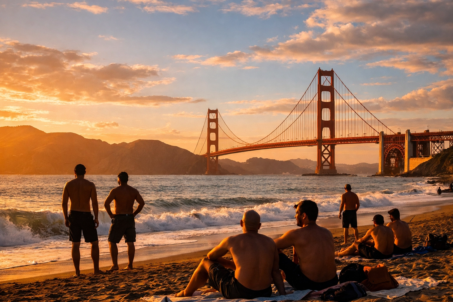 Gay men enjoying sunset at Baker Beach with Golden Gate Bridge view