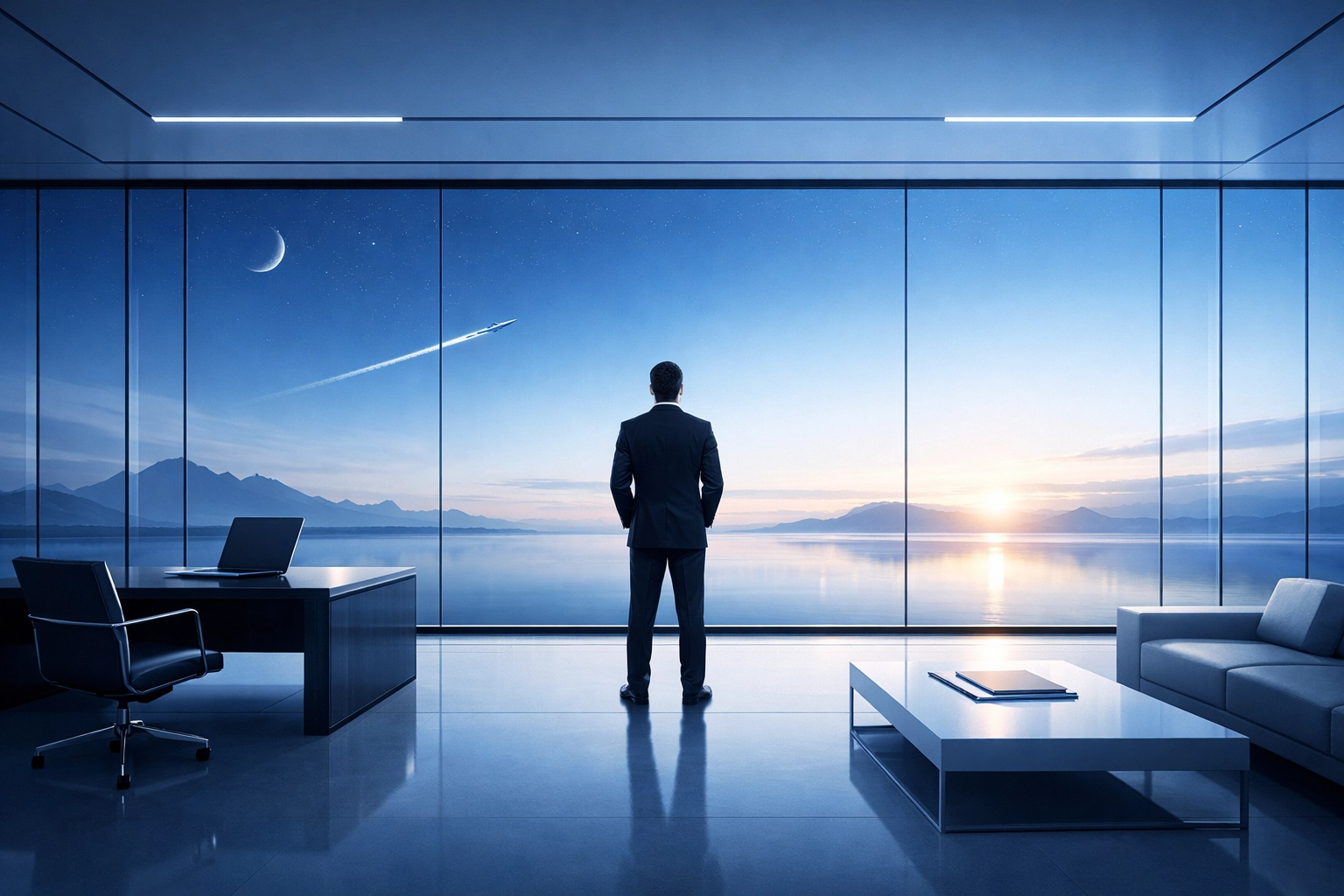 A CEO overlooking a clear horizon symbolizing mental clarity and time reclaimed through automation.