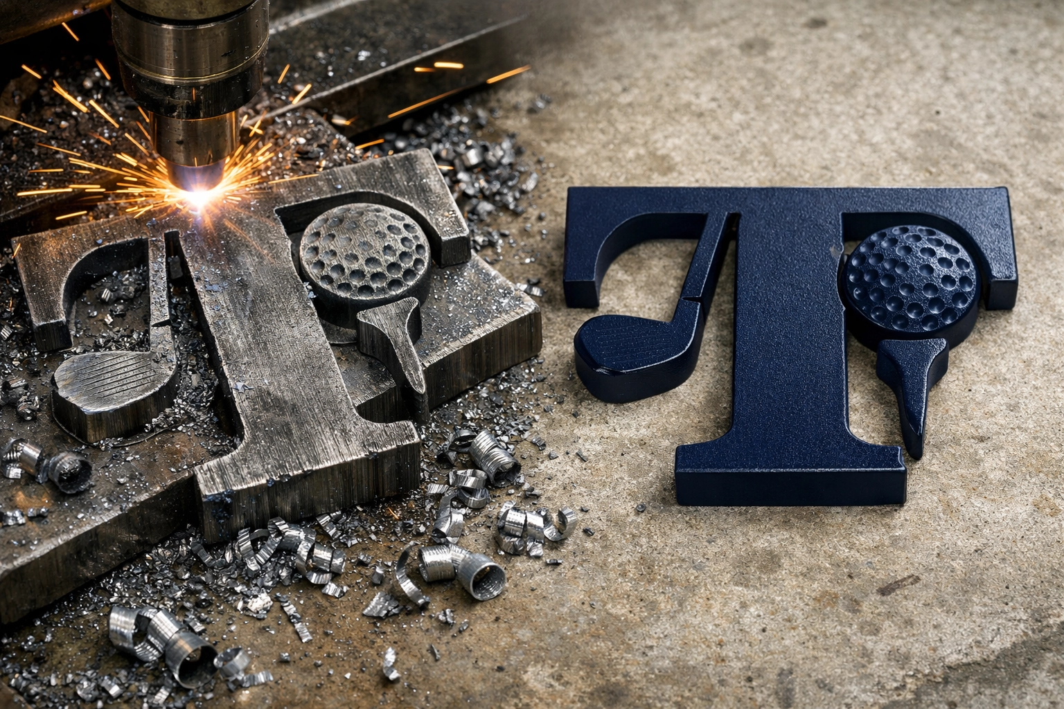 Steel tee marker fabrication showing raw metal and finished powder-coated piece