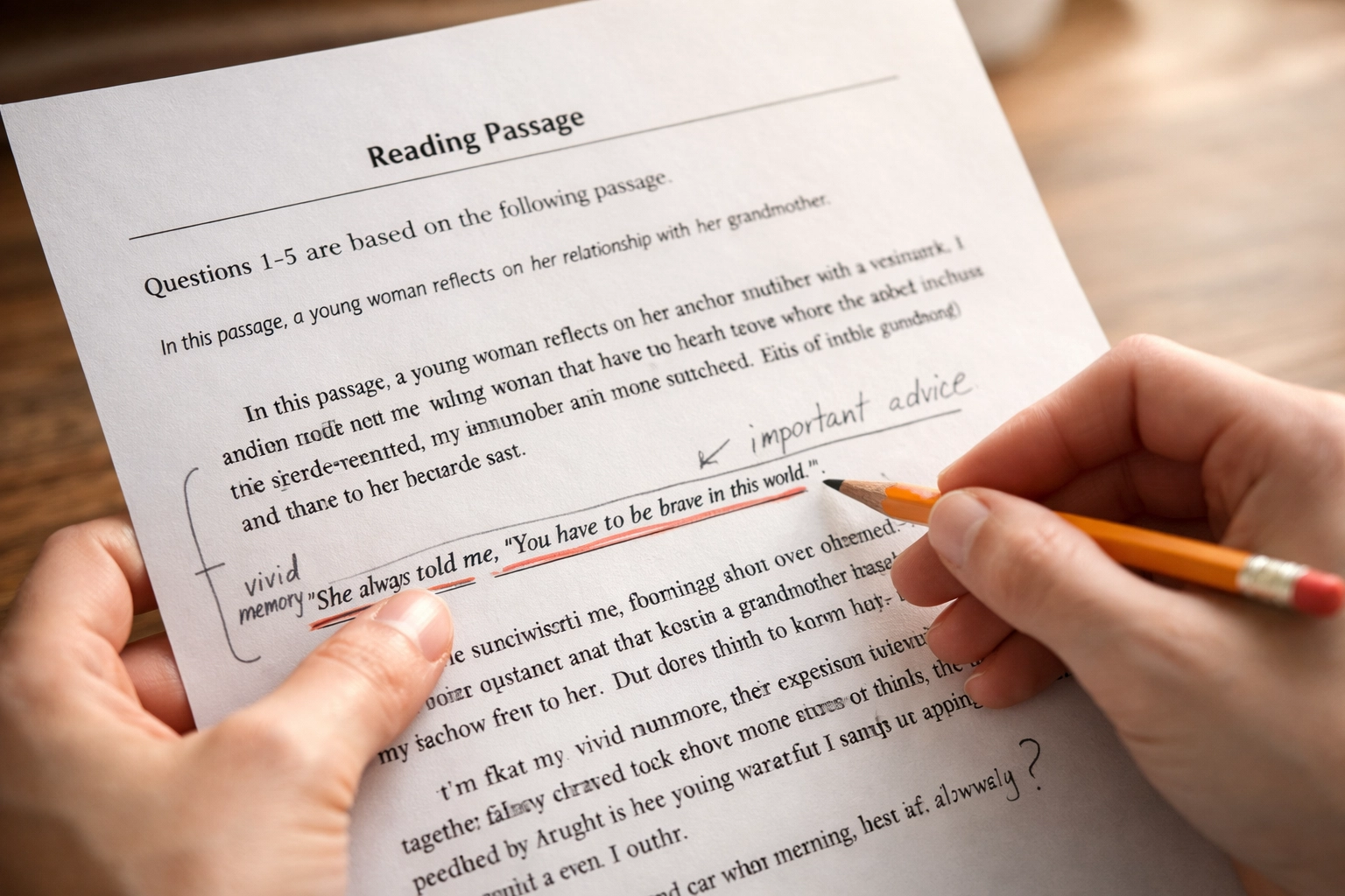 Hand annotating SAT reading passage with pencil to identify context clues