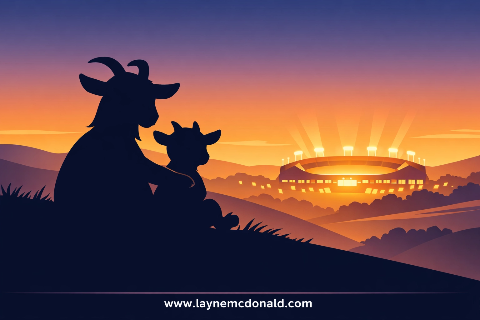 Mother and young goat watching sports arena depicting family sacrifice in GOAT Christian movie