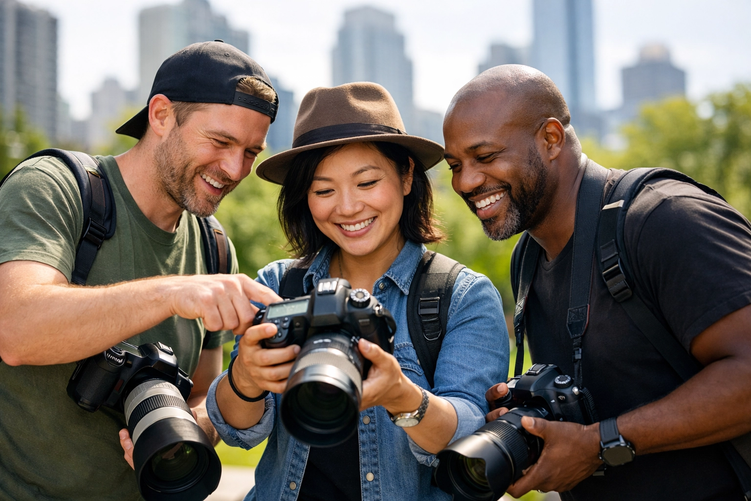Diverse group of professional photographers networking and sharing tips in an urban park.