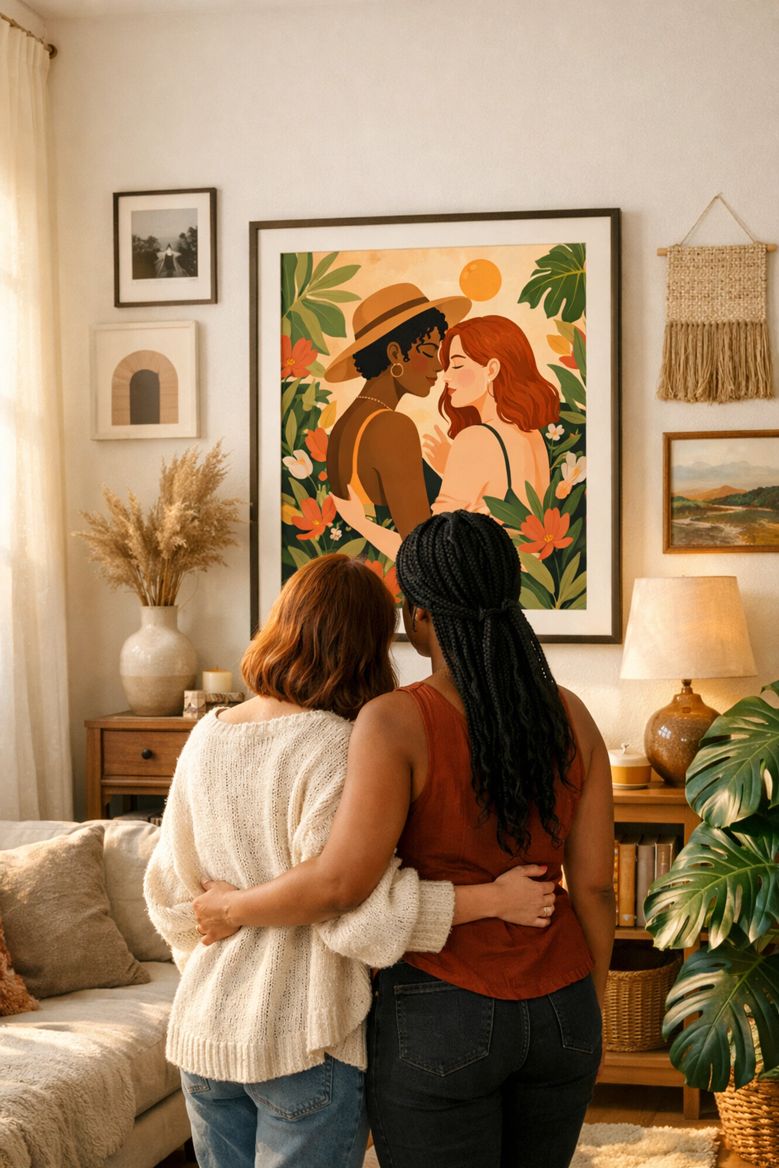 Lesbian couple admiring queer-themed botanical wall art in an affirming home space.