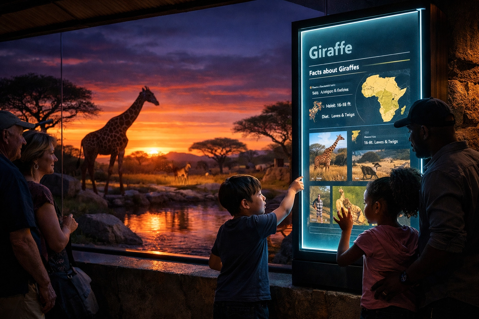 Visitors using an interactive digital display at a modern zoo exhibit with a giraffe at sunset.