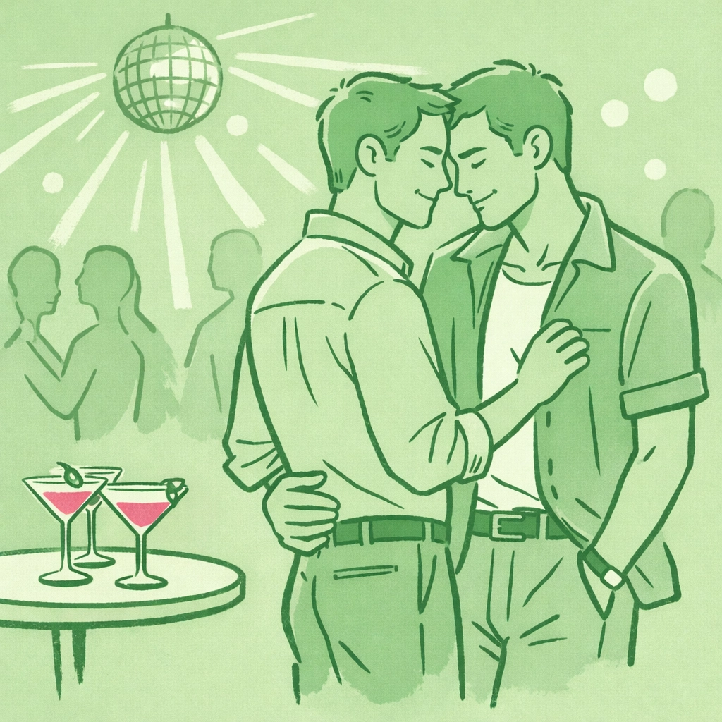 Gay couple at 1990s nightclub with Cosmopolitan cocktails