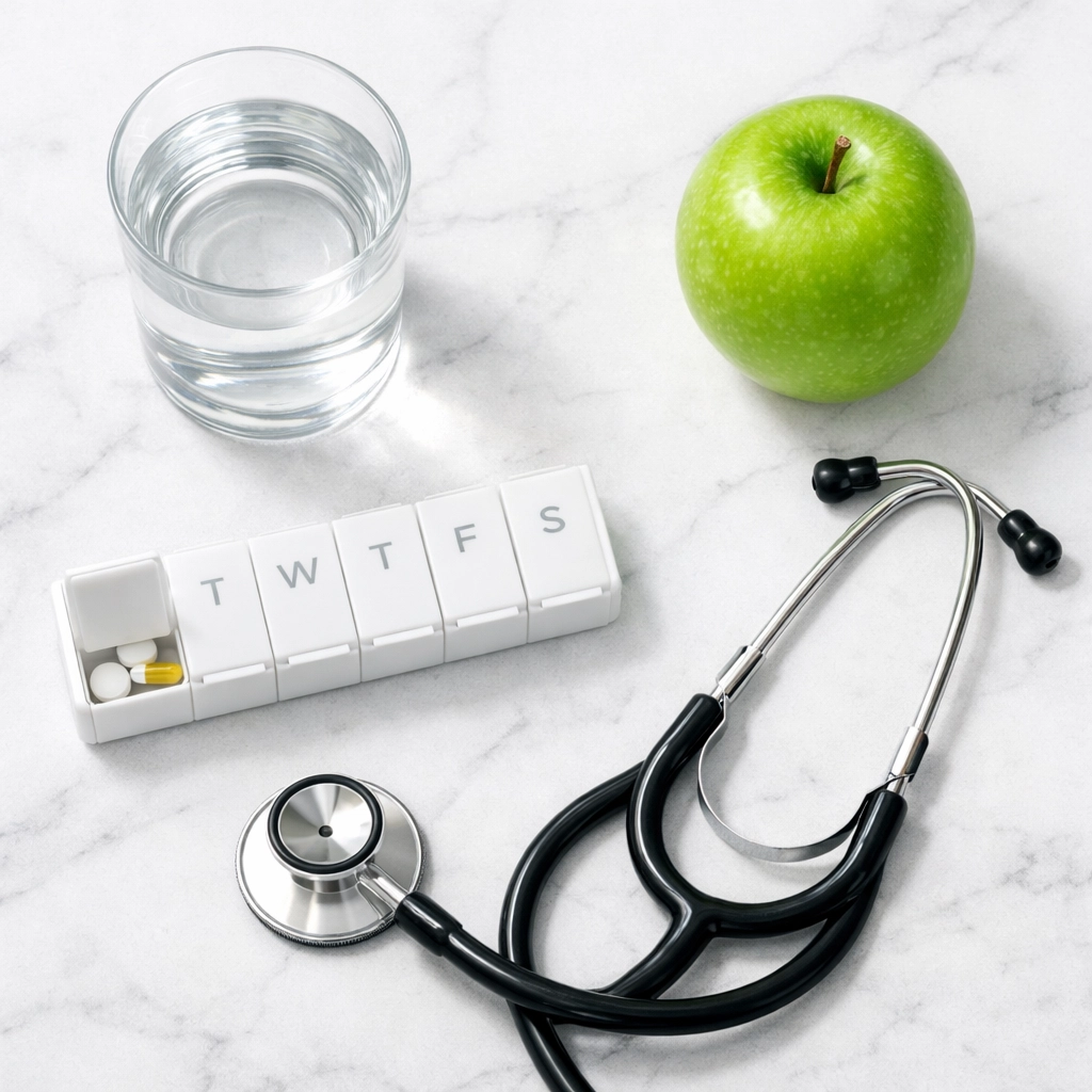 A modern medical weight loss flat lay with a stethoscope, pill organizer, and healthy lifestyle items.