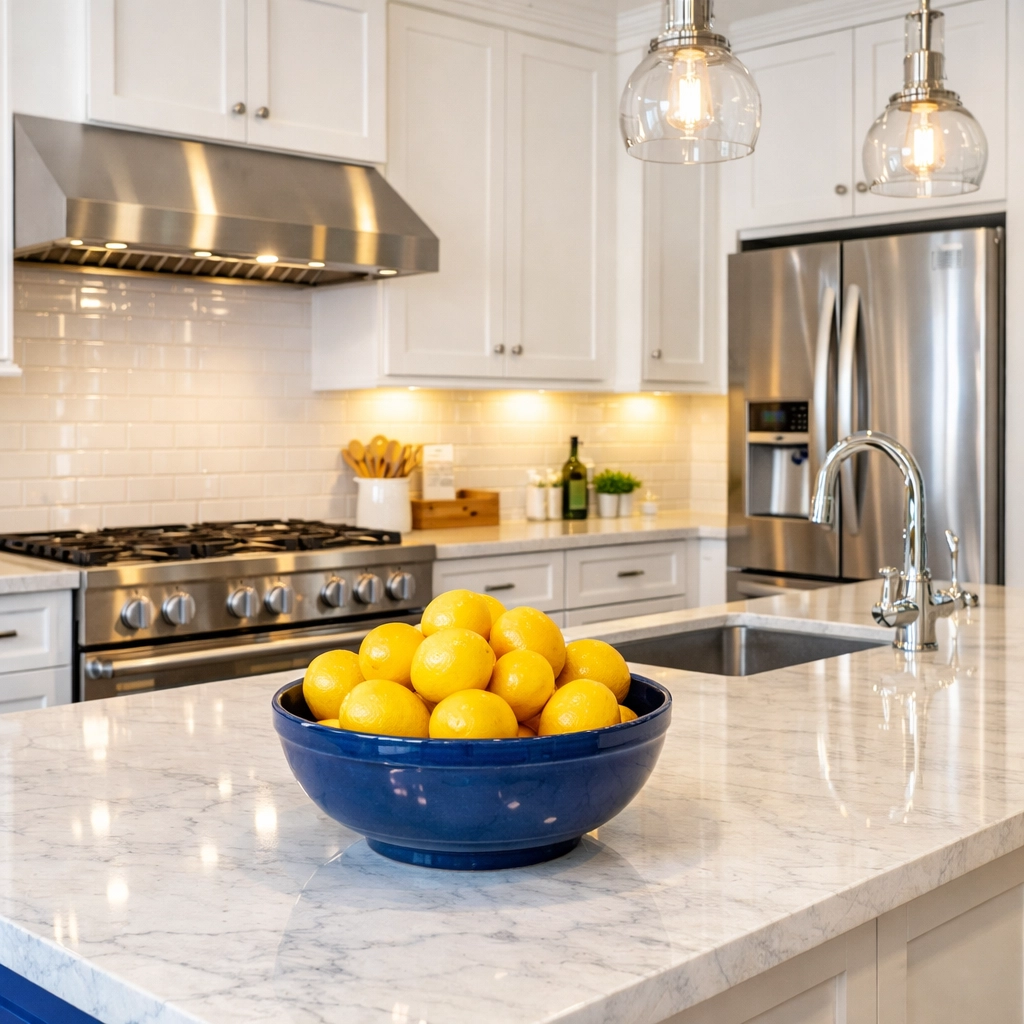 Pristine Westborough kitchen with marble countertops showcasing the results of regular professional house cleaning.