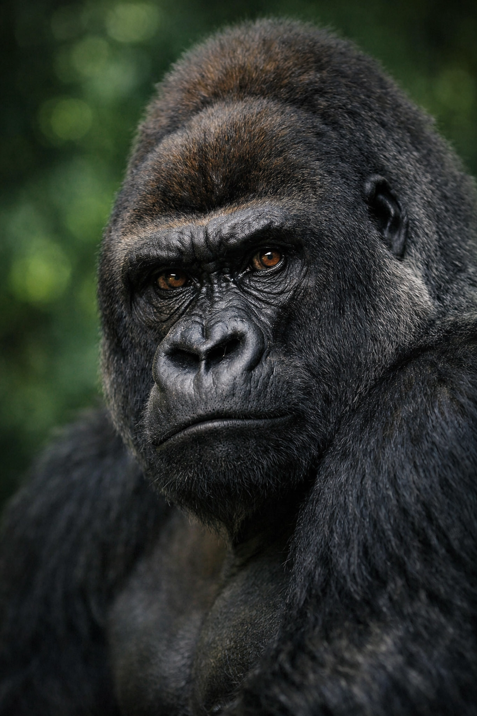 Close-up of a silverback gorilla's eyes representing emotional storytelling in zoo branding strategies.
