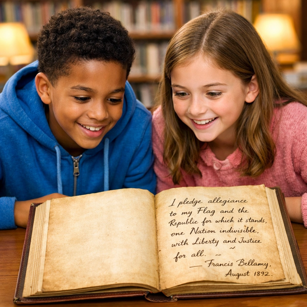 Students exploring the history of the Pledge of Allegiance as part of a civic education program.