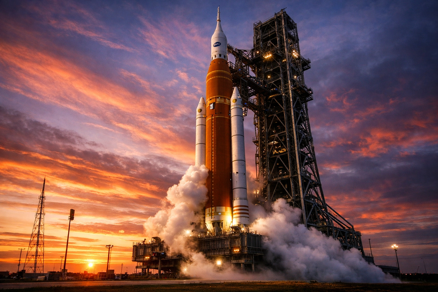 NASA SLS rocket for the Artemis II mission standing on the launch pad at Kennedy Space Center during sunrise.