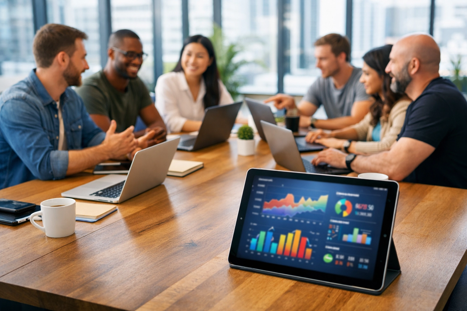 IT consultants collaborating on ServiceNow ITOM and ITAM strategy in a modern open-plan office.