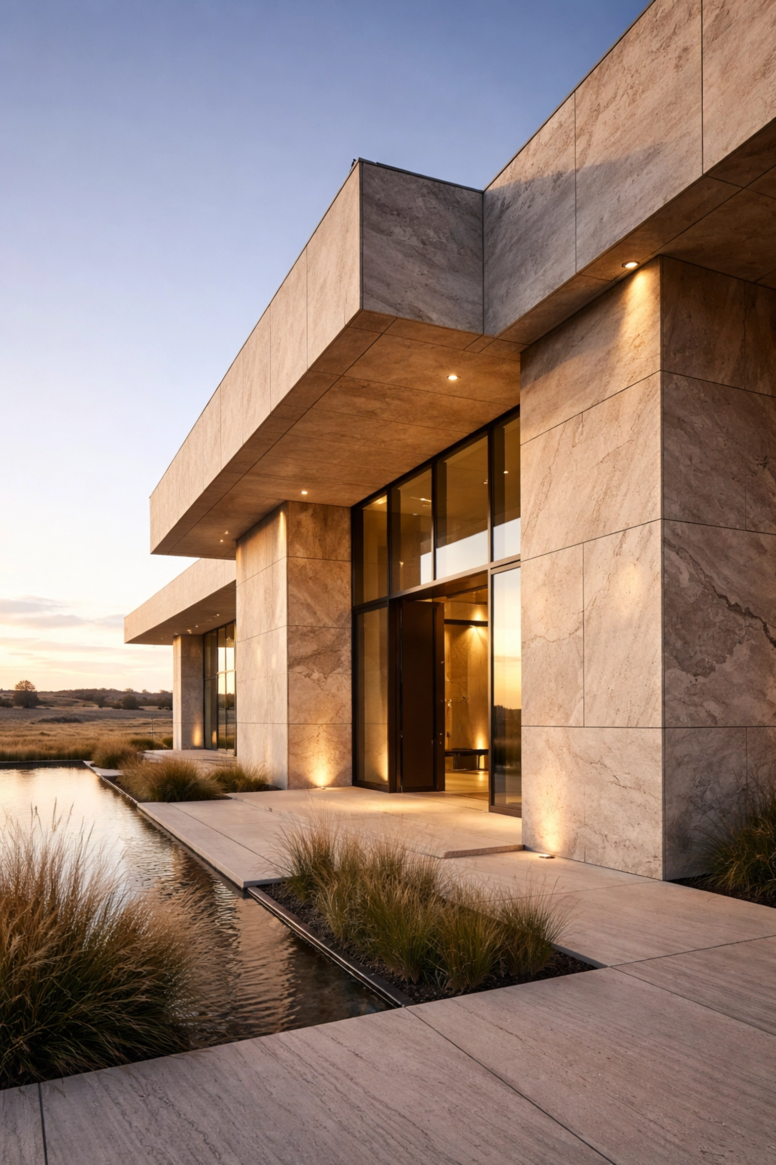Modern Canadian home exterior featuring flexible travertine stone facade illuminated at sunset