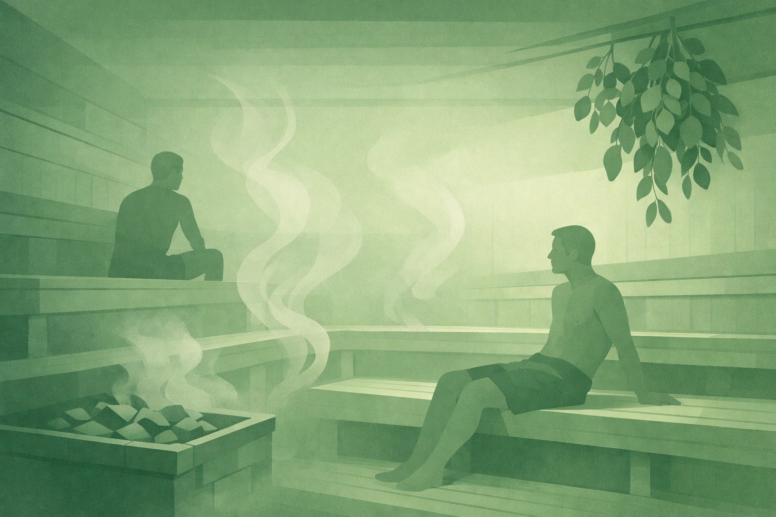 Steamy gay sauna interior with wooden benches, eucalyptus, and rising vapor