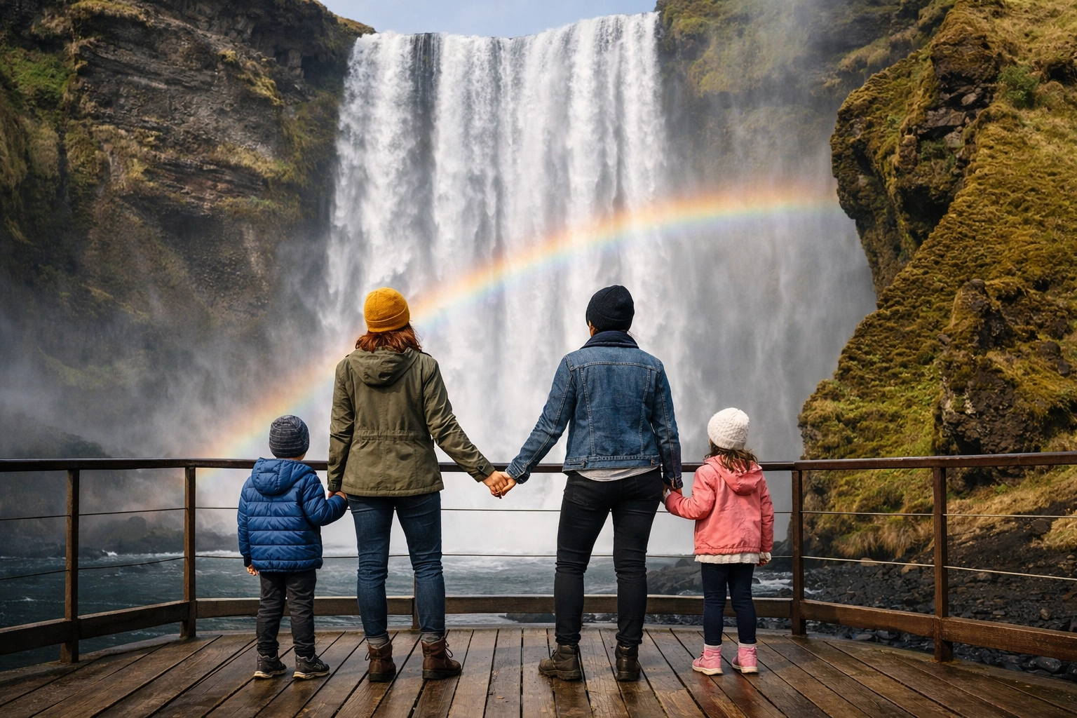 A lesbian family admiring the Skógafoss waterfall in Iceland, a top LGBTQ+ friendly travel destination.