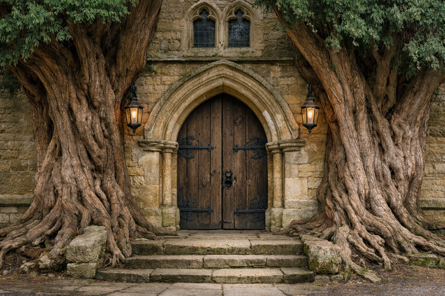 The famous yew-framed Tolkien door at St. Edward's Church, a highlight of Stratford upon Avon day tours.