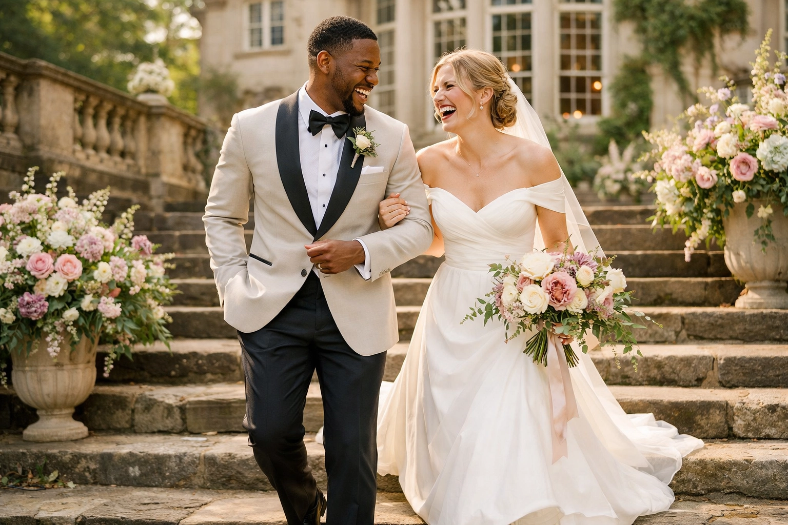 African American couple walking hand-in-hand through a spring garden with sage greenery, mauve accents, and vibrant white blooms—an intimate, personalized celebration vibe.