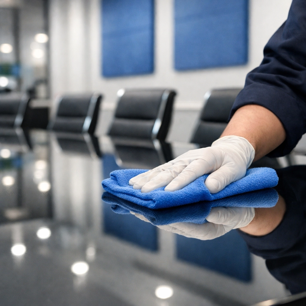 Detail of professional office cleaning on a boardroom table highlighting expert facility maintenance.