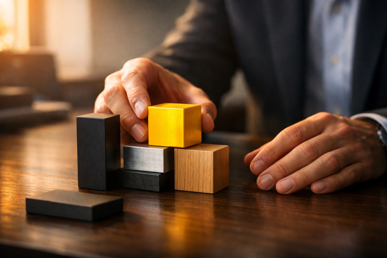A professional arranging blocks on a desk, symbolizing strategic entity structure planning for a 7-figure MSP exit.
