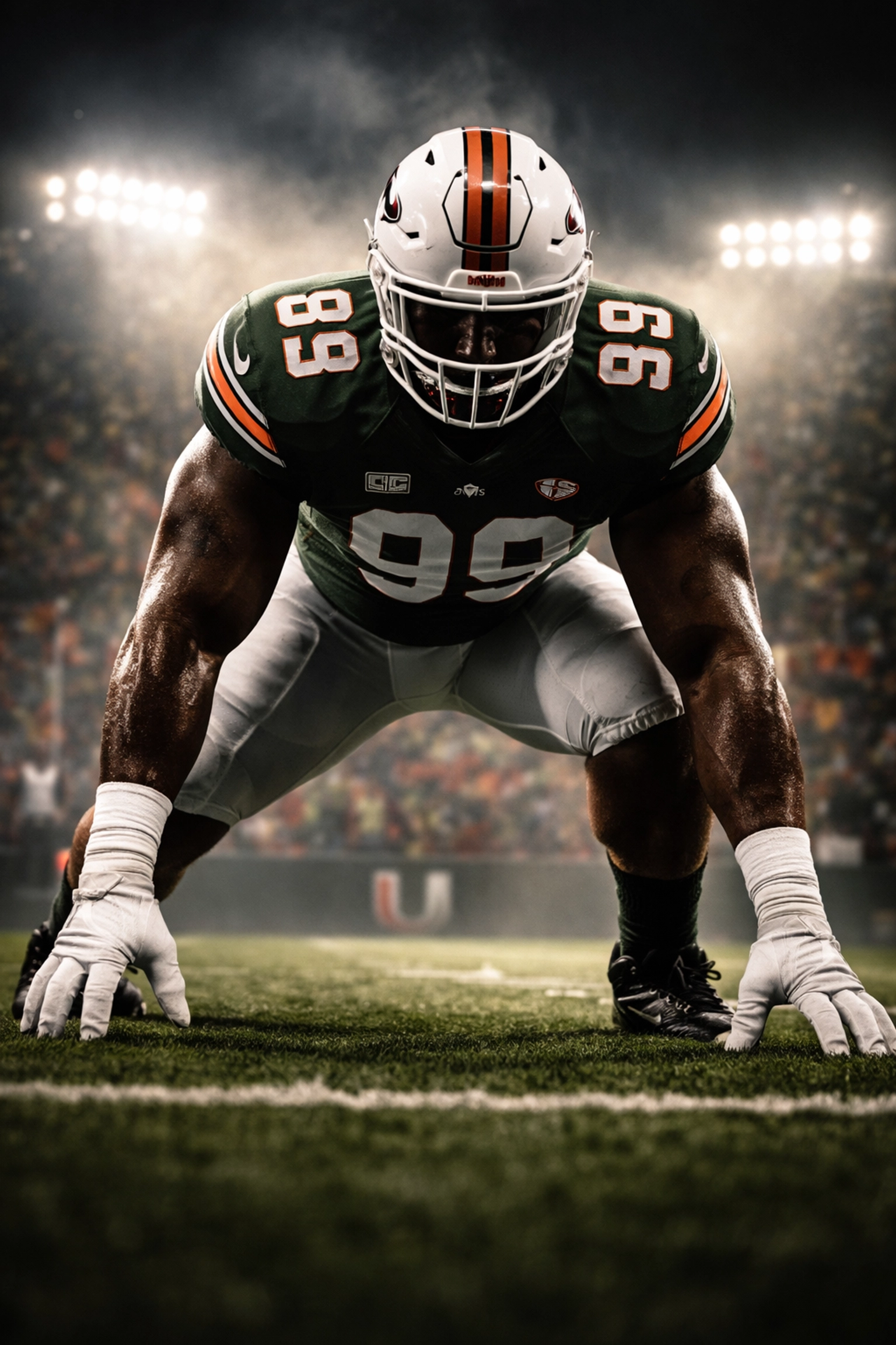 Miami Hurricanes defensive lineman in green and orange, ready in stance under stadium lights, symbolizing Keona Davis's impact.