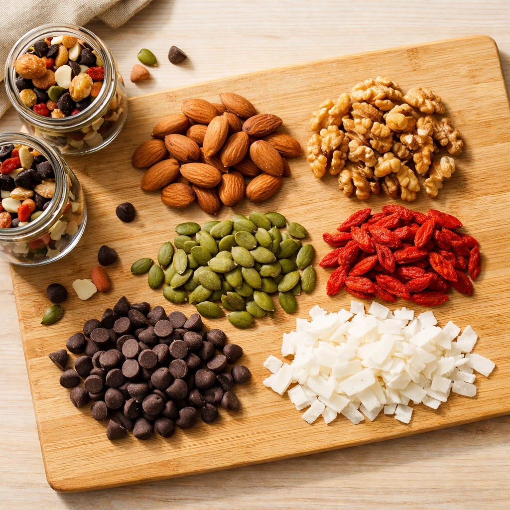 Homemade trail mix ingredients including nuts, seeds, and dried fruit on cutting board