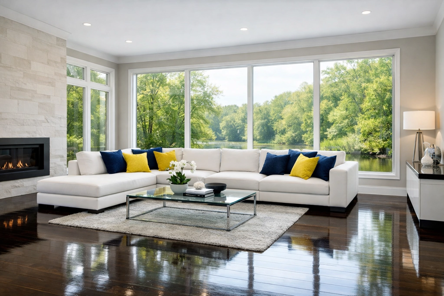 Pristine Nashua living room overlooking Mine Falls Park after residential cleaning in Nashua.