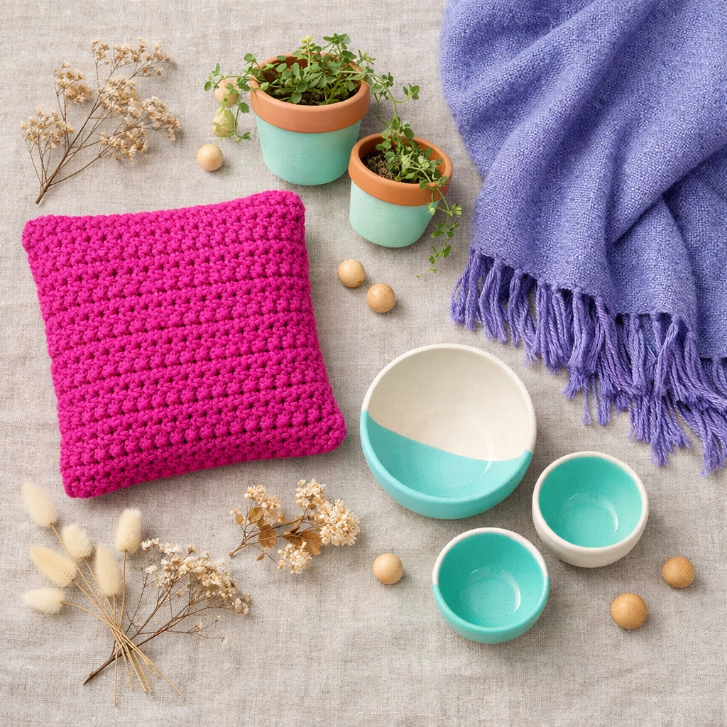 Bold chromatic accent colors featuring electric fuchsia, mint, and aqua in handcrafted home decor