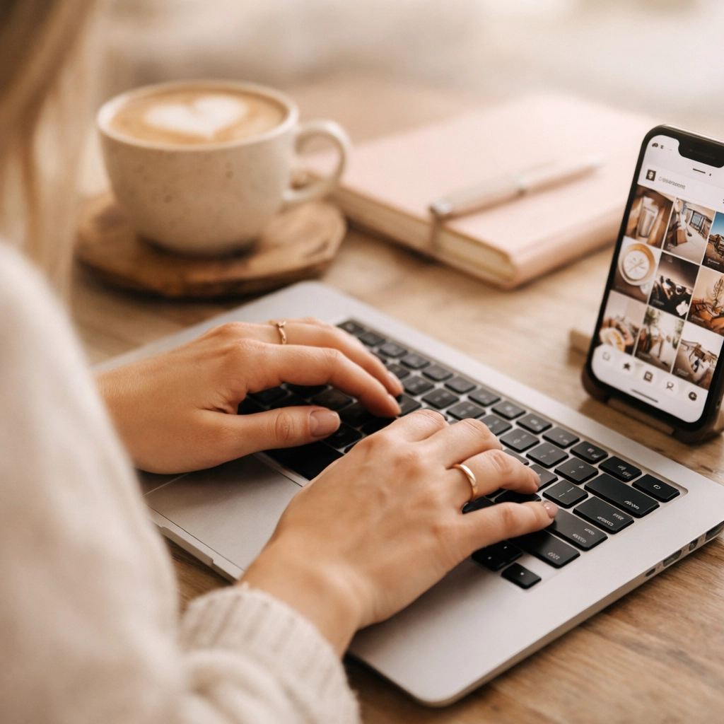 Creating social media content on laptop while checking Instagram feed on mobile phone