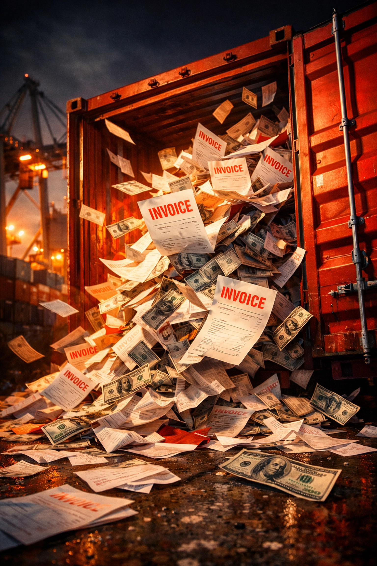 Shipping container revealing hidden fees and unexpected invoices in logistics