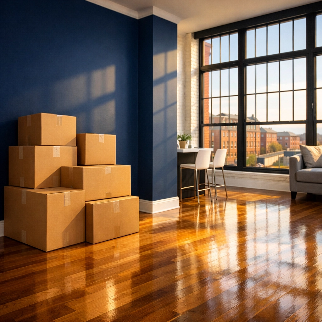 Clean Canal District loft with moving boxes, showcasing professional move-out cleaning Worcester standards.