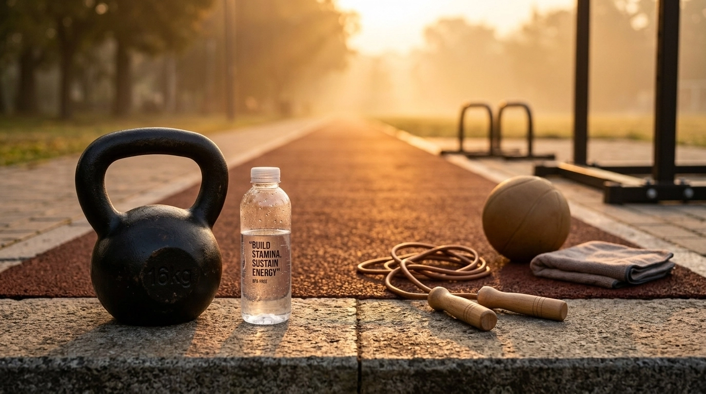 A modern fitness scene focused on stamina and performance, featuring cardio equipment and strength tools in warm natural light.