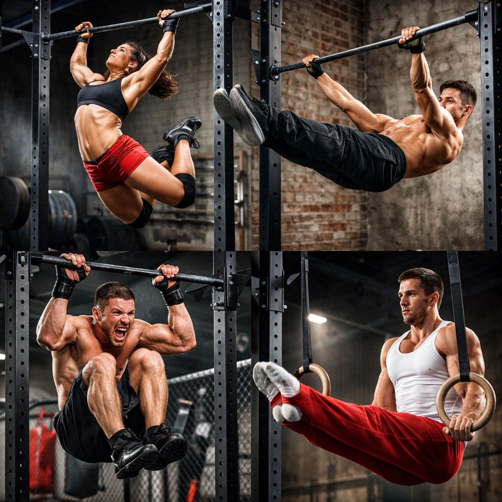 CrossFit, calisthenics, MMA and gymnastics athletes training on versatile home gym system