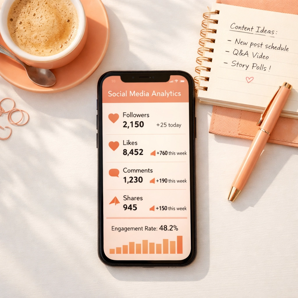 Social media analytics dashboard showing high engagement rates with small follower count on smartphone