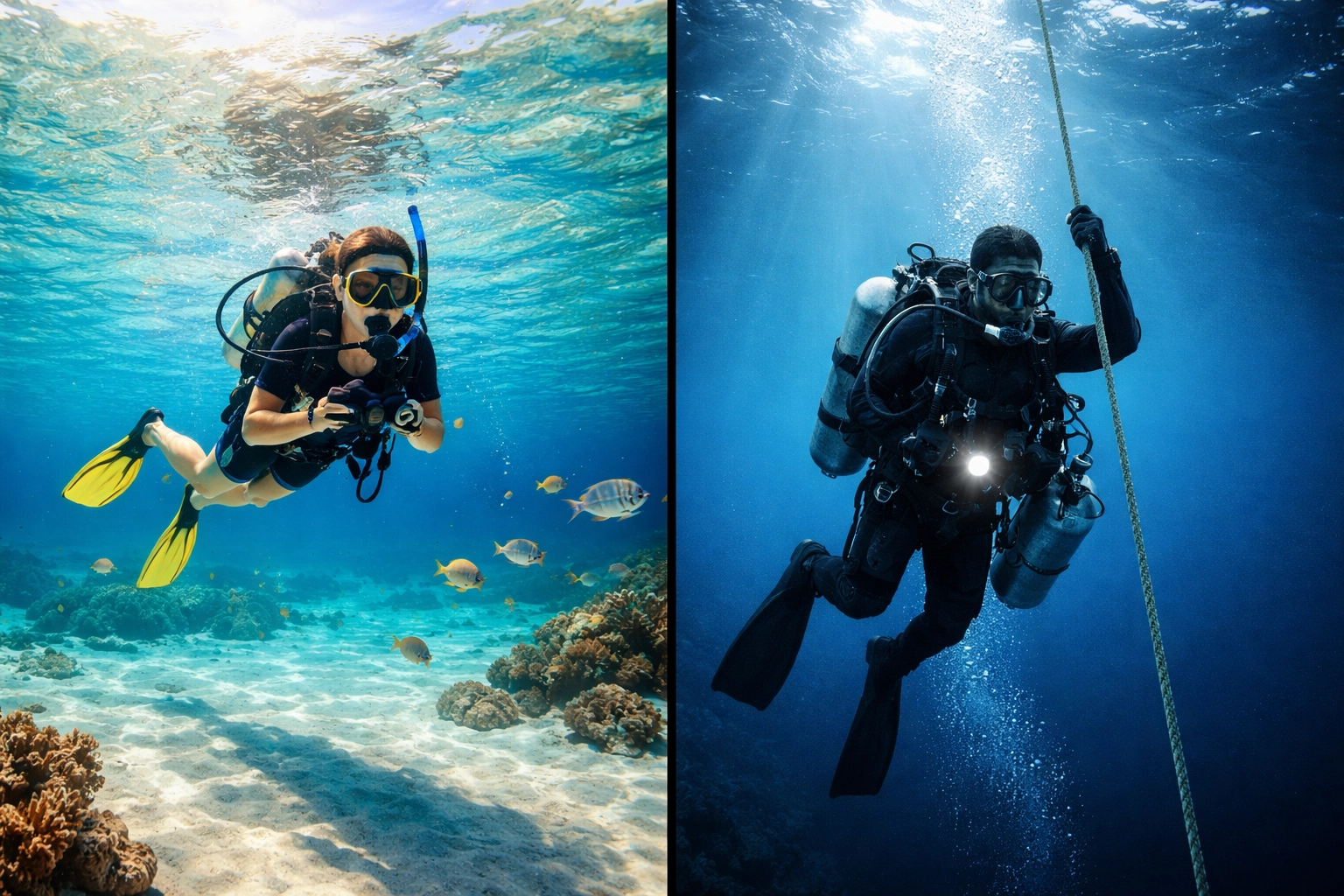 Vergleich von Freizeittaucher in seichtem Wasser und Technischem Taucher in Tiefe, Unterschiede beim Tauchausrüstungseinsatz