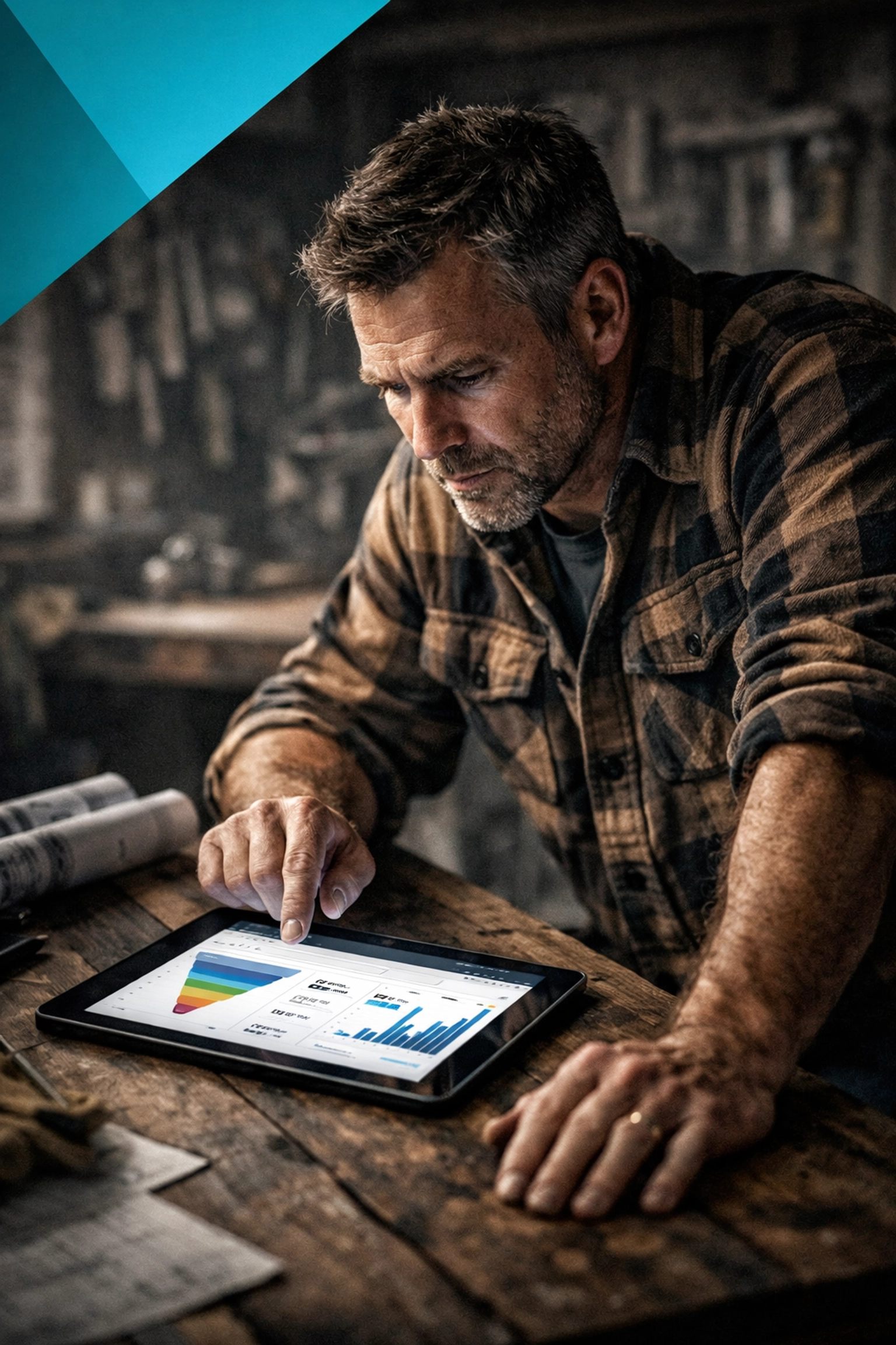 Professional contractor analyzing a CRM dashboard on a tablet to track lead conversion and business profitability.