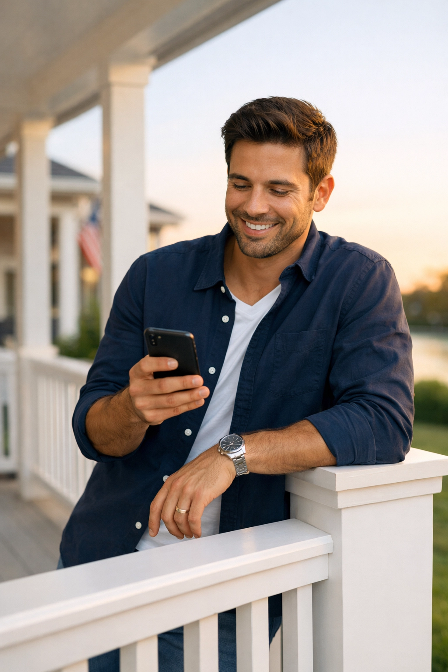 A smiling young Texan managing his credit score and automated payments on a smartphone at home.