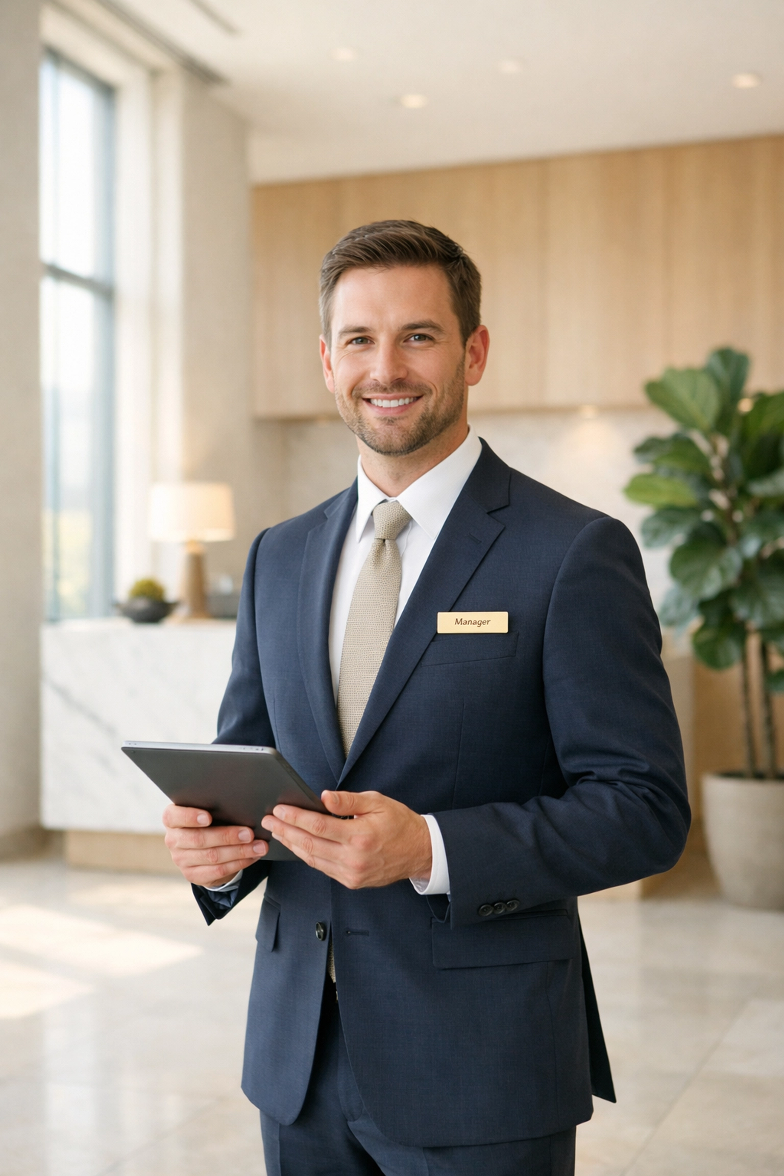 A hotel manager using a tablet in a modern lobby to access real-time property management data.