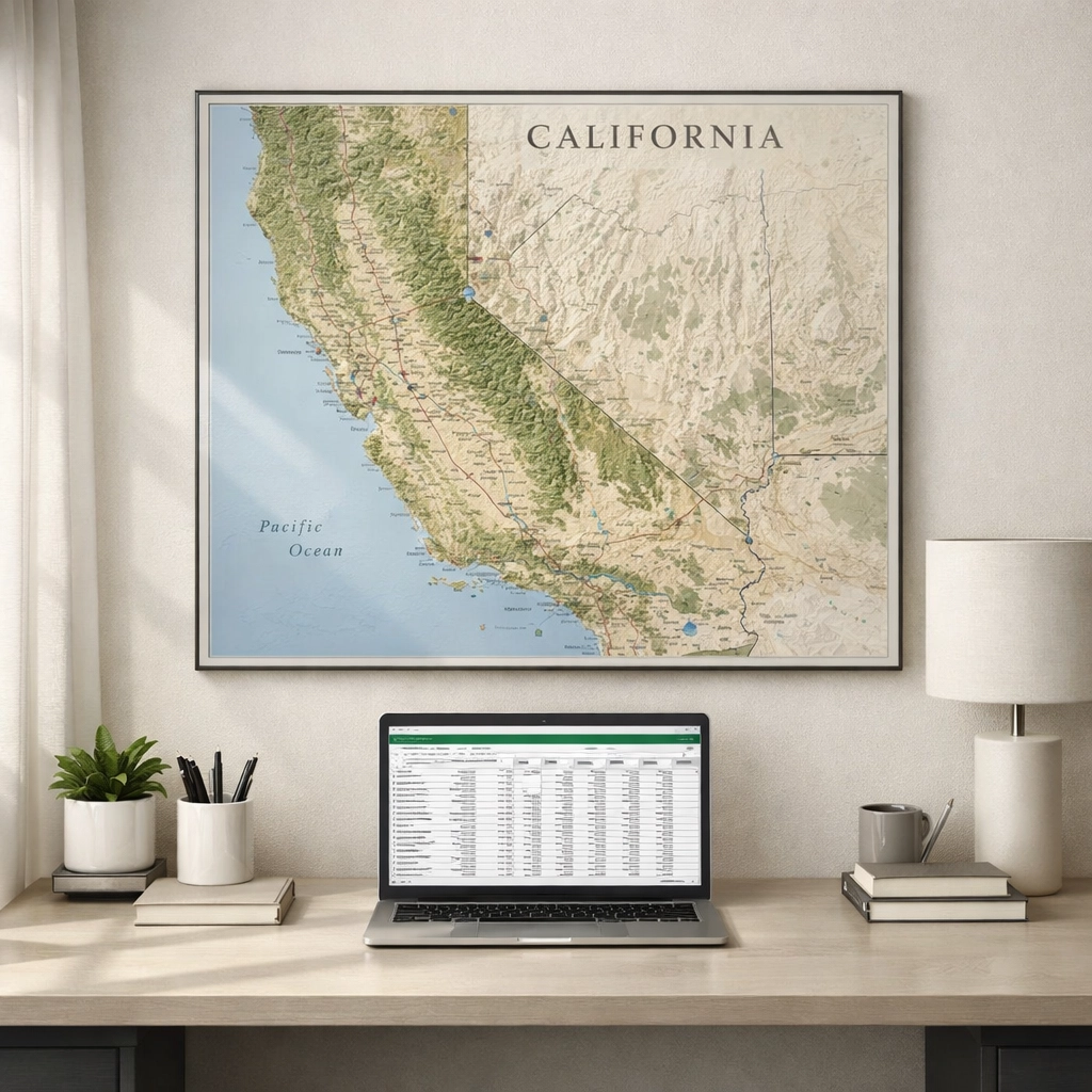 California ERO office workspace with state map and compliance tracking systems