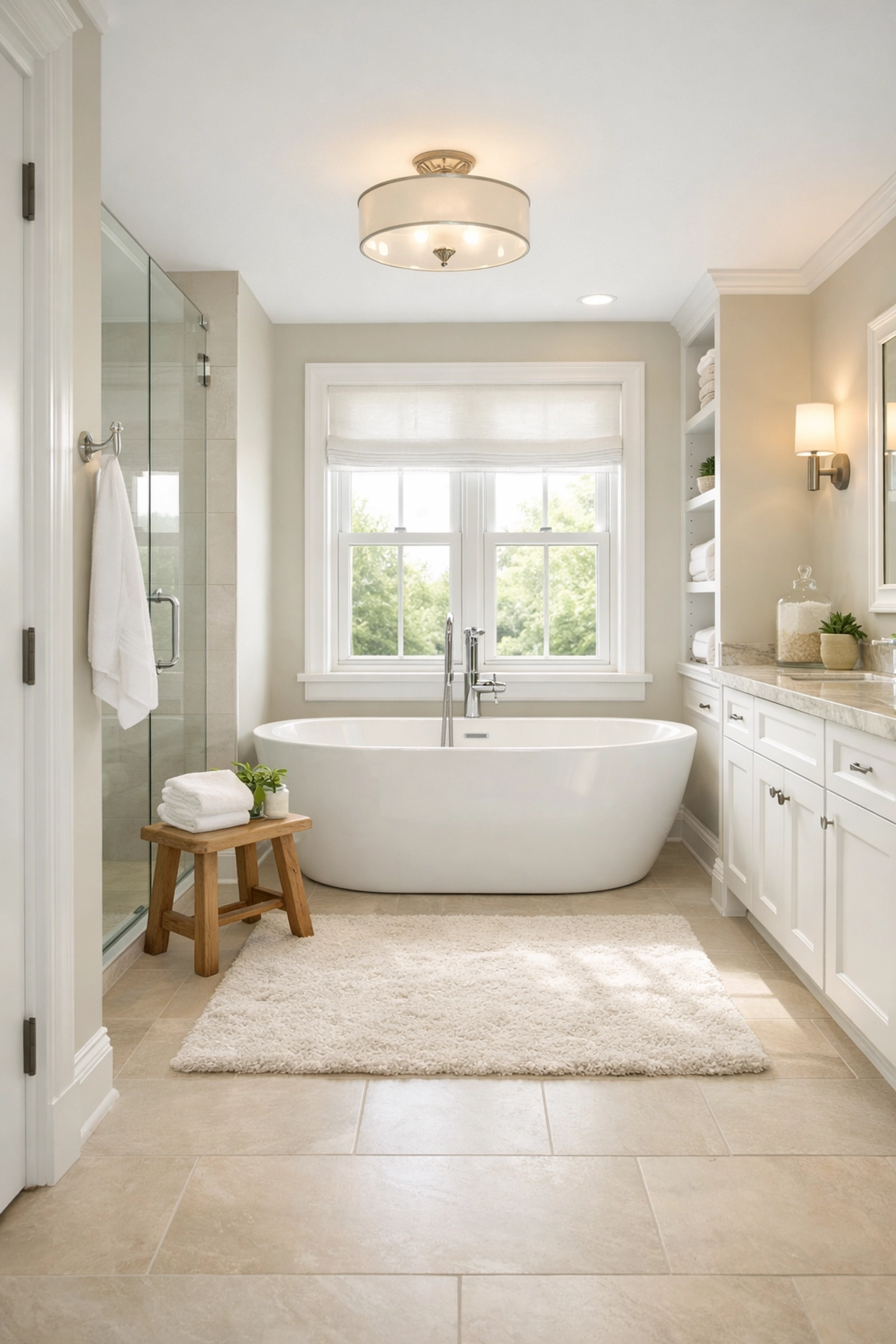Finished spa-like bathroom renovation in Central Ohio featuring a freestanding soaking tub and natural lighting.