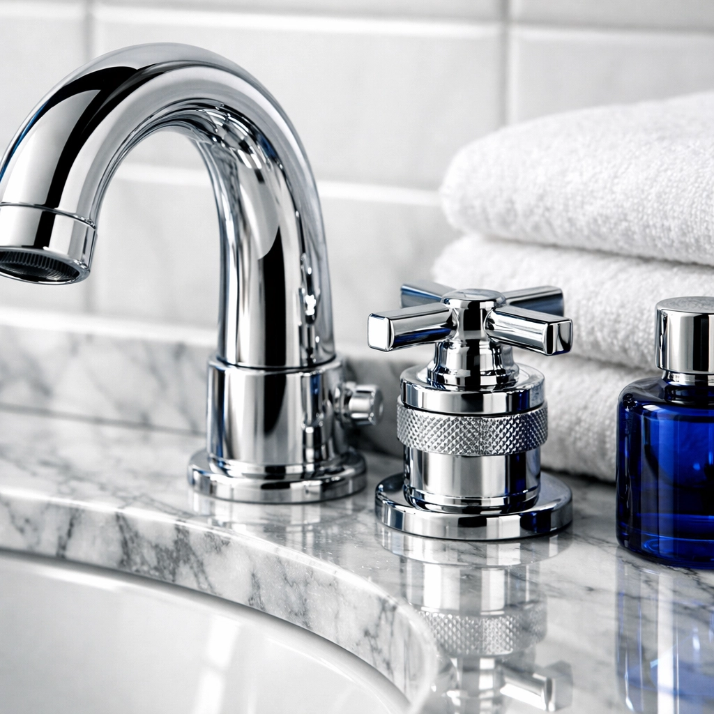 Polished bathroom hardware showing detail-oriented post construction cleaning in Bedford.
