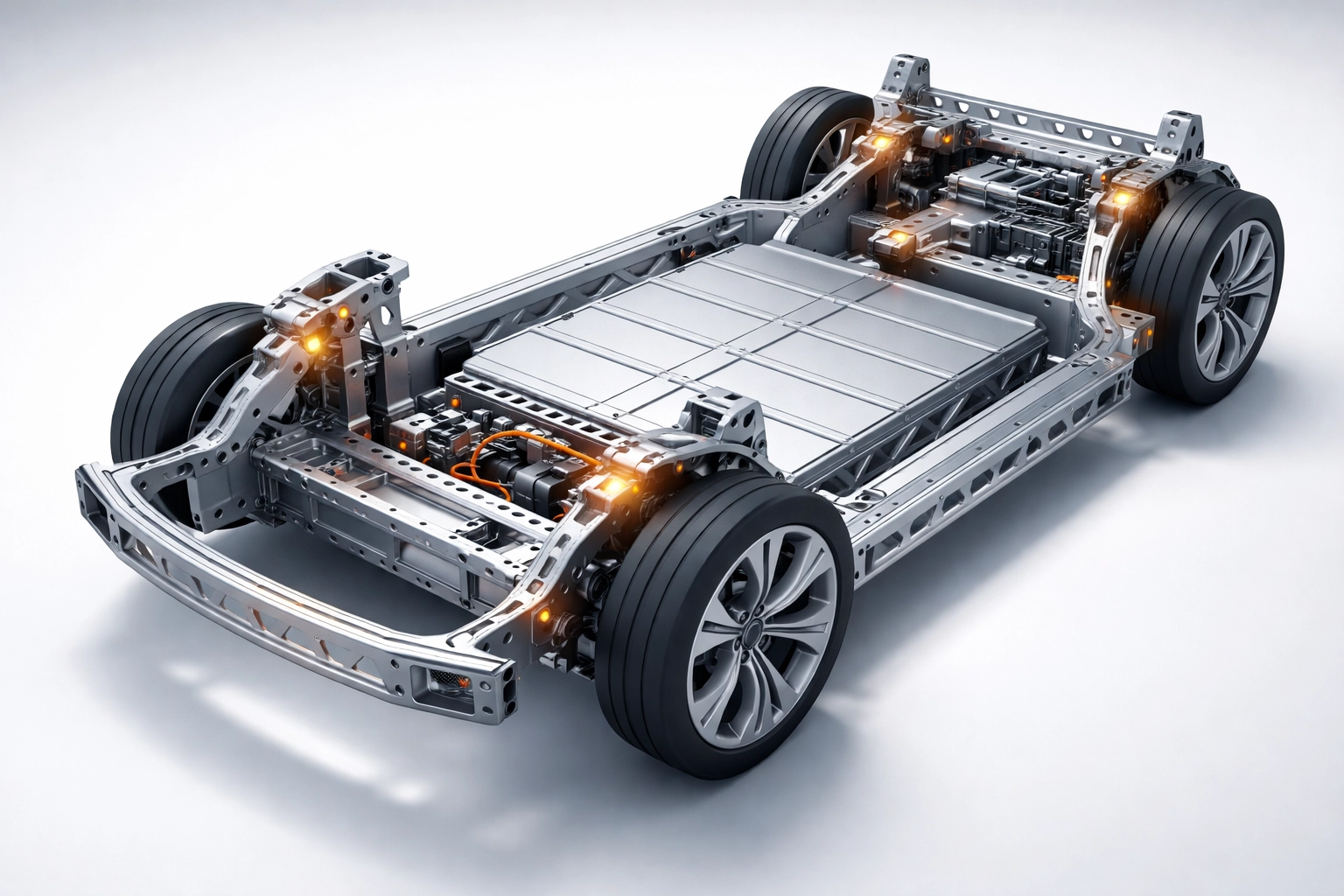 Cross-section view of modern electric vehicle chassis showing steel frame and points prone to corrosion.